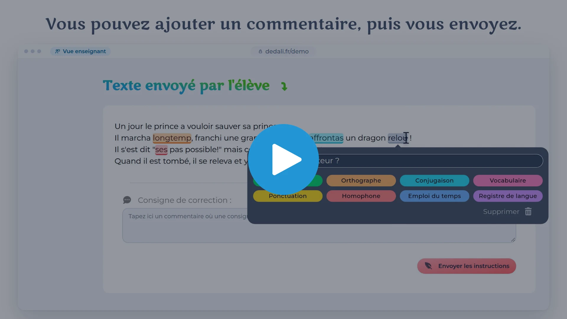 Vidéo de présentation de Dédali : l'enseignant annote, l'élève se corrige